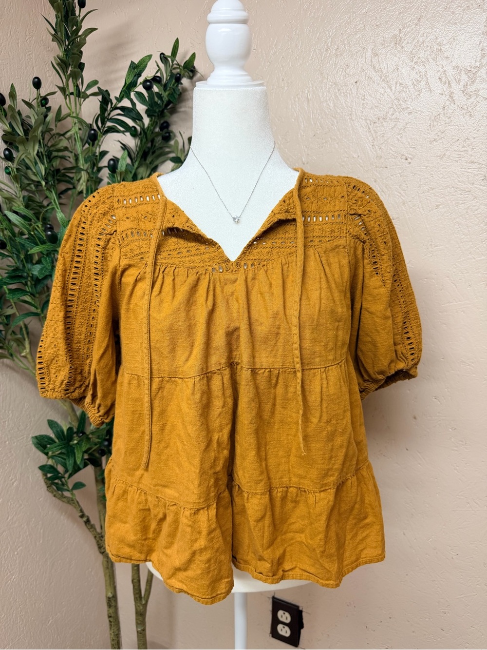 Old Navy Mustard Crochet Yoke Peasant Shirt